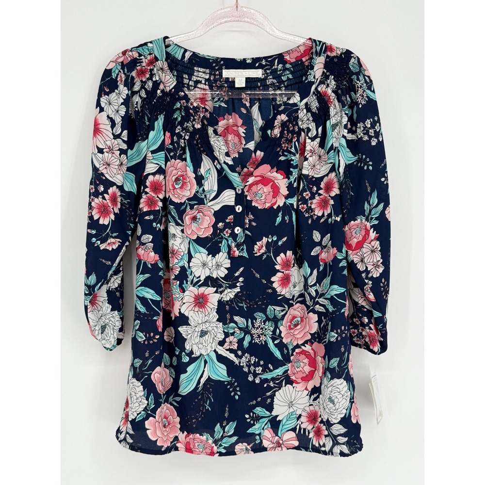 Juniper &‎ Lime Sz M Navy Floral Smocked Neck 3/4 Sleeve Blouse NWT